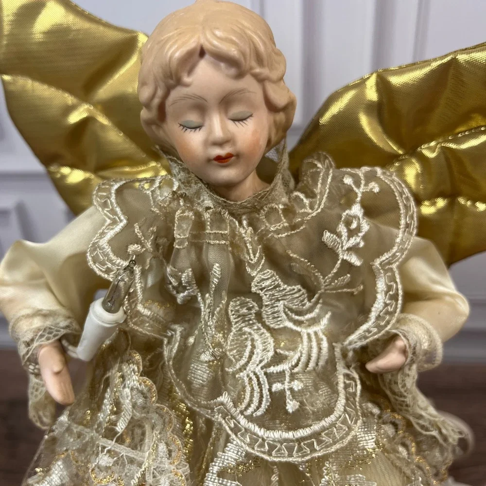 Vintage Animated Angel Tree Topper Christmas 11in Gold Cream Moving Wings Lit - Picture 3 of 13